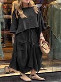 Casual Solid Lace-Up 2 Piece Set Elegant Skirt Suit Women Autumn O Neck Loose Top Lace-Up Irregular Skirt Sets Fall Suit Female